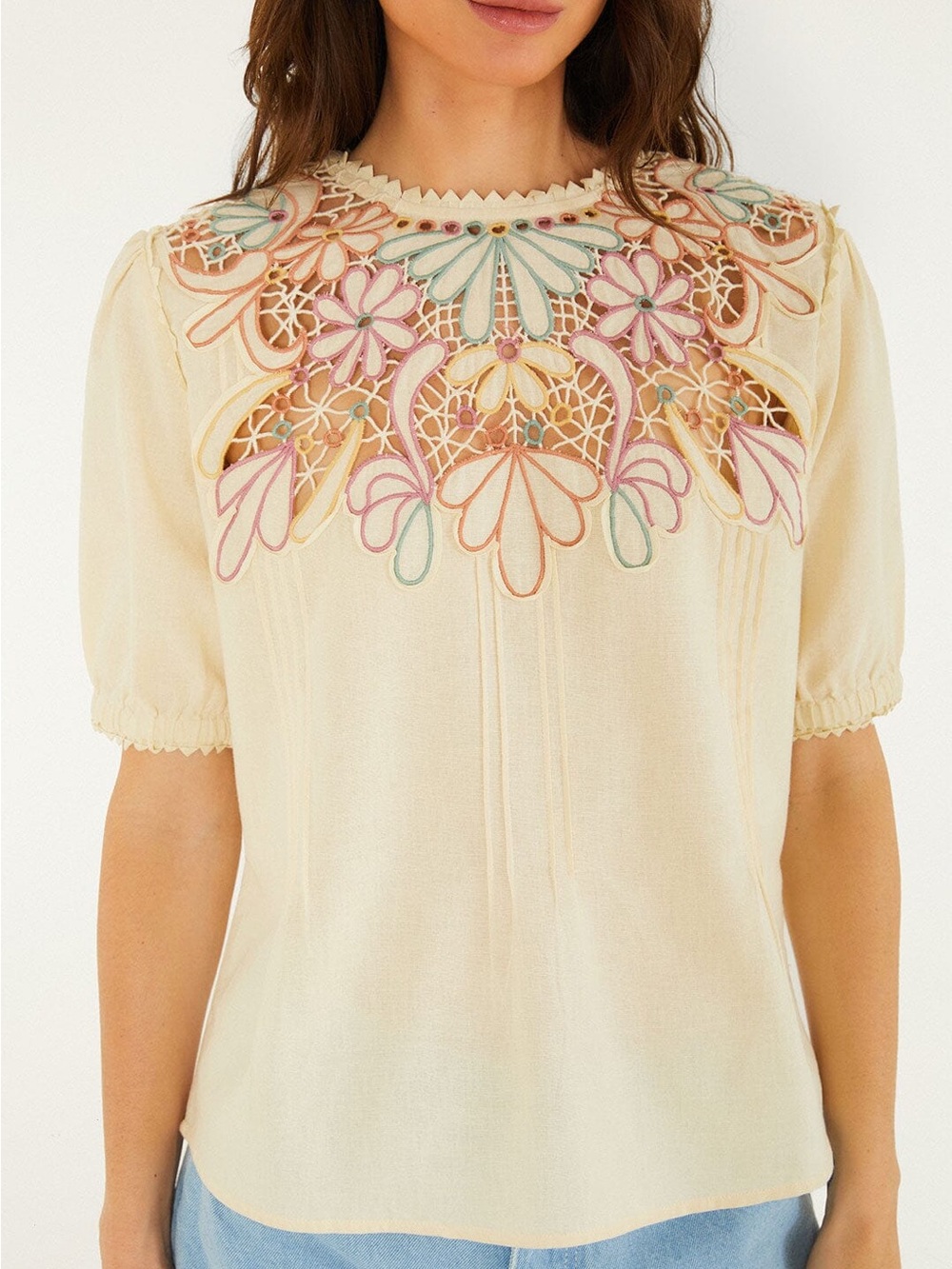 Farm Rio Beige Flower Embroidery Short Sleeve Blouse Size M